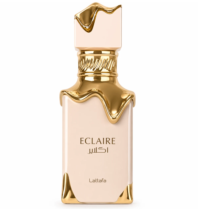 Flacon du parfum Lattafa Eclaire de Global Beauty Temple, fragrance orientale douce et gourmande, présentation élégante sur fond esthétique lumineux, univers parfum luxe et beauté raffinée.